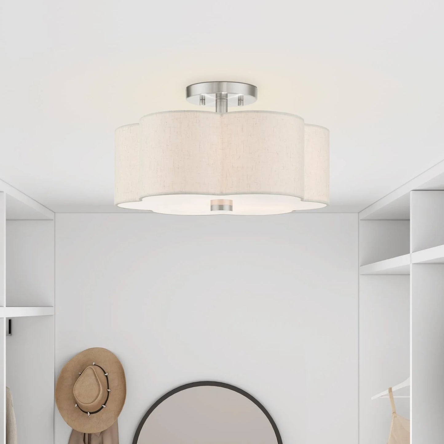 Livex Lighting Solstice 15" 3-Light Metal & Fabric Semi Flush in Brushed Nickel