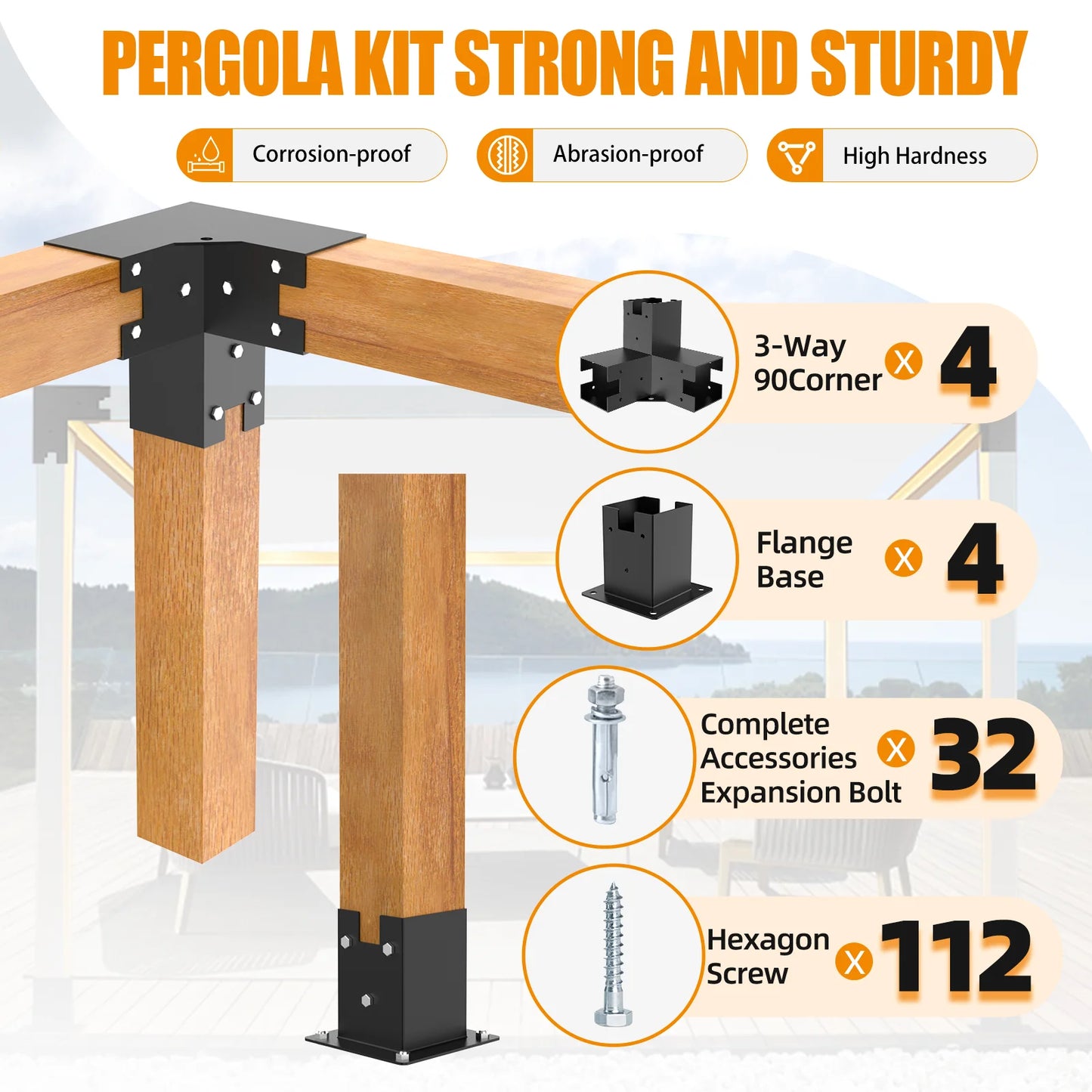 Pergola Brackets 12 Gauge Heavy Duty Steel Modular Modern Outdoor Pergola Hardware Kit DIY Elevated Wood Stand kit Includes 4 Bracket Shoulders 4 Boots for 4x4 (Actual: 3.5x3.5 Inch)