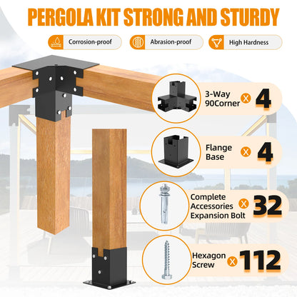 Pergola Brackets 12 Gauge Heavy Duty Steel Modular Modern Outdoor Pergola Hardware Kit DIY Elevated Wood Stand kit Includes 4 Bracket Shoulders 4 Boots for 4x4 (Actual: 3.5x3.5 Inch)