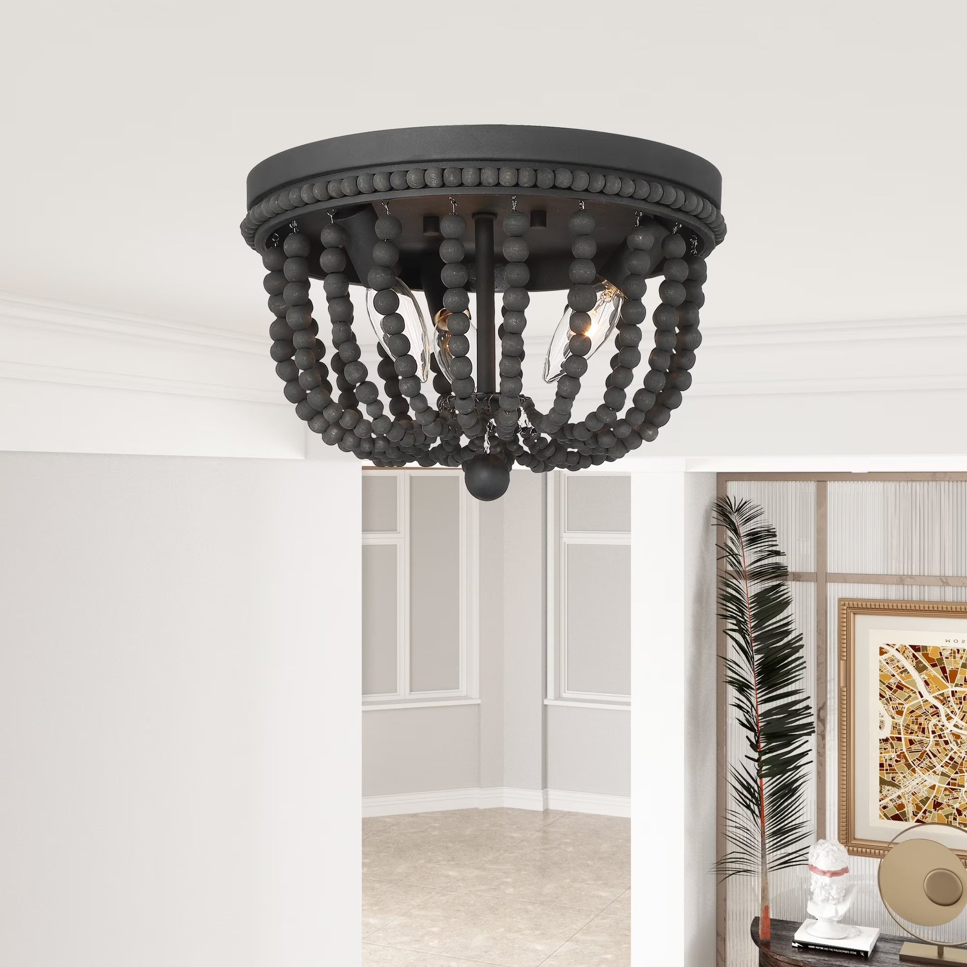 ACROMA Fidenza 3-light Boho Beaded Flush Mount Ceiling Light Farmhouse Coastal Dome Lighting Aged Zinc