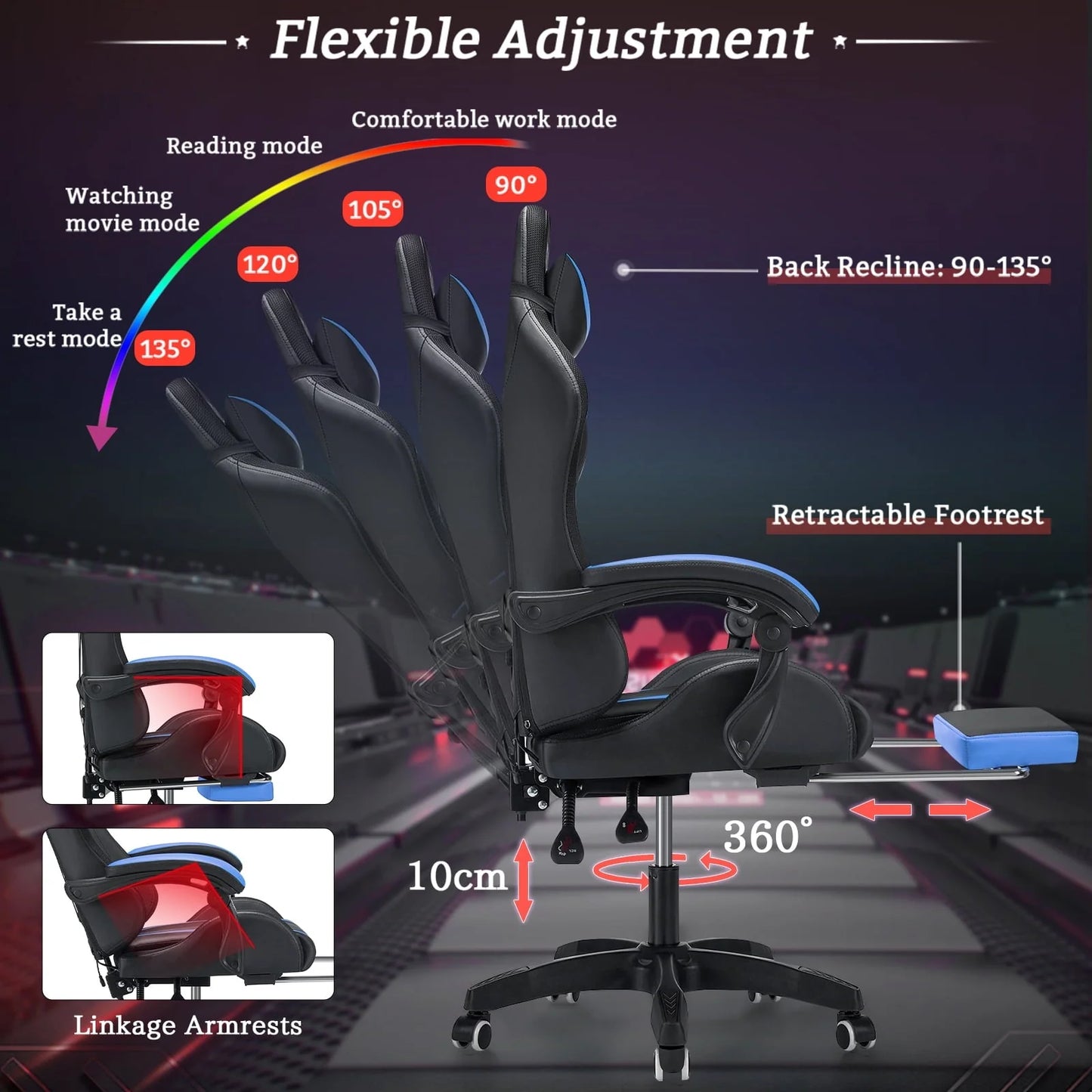 Hoffree Gaming Chair with Massage Office Chair Ergonomic Gamer Chair with LED Light Adjustable Headrest Lumbar Support Footrest Swivel High Back Computer Chair for Adults Teens Christmas,Xmas Gift