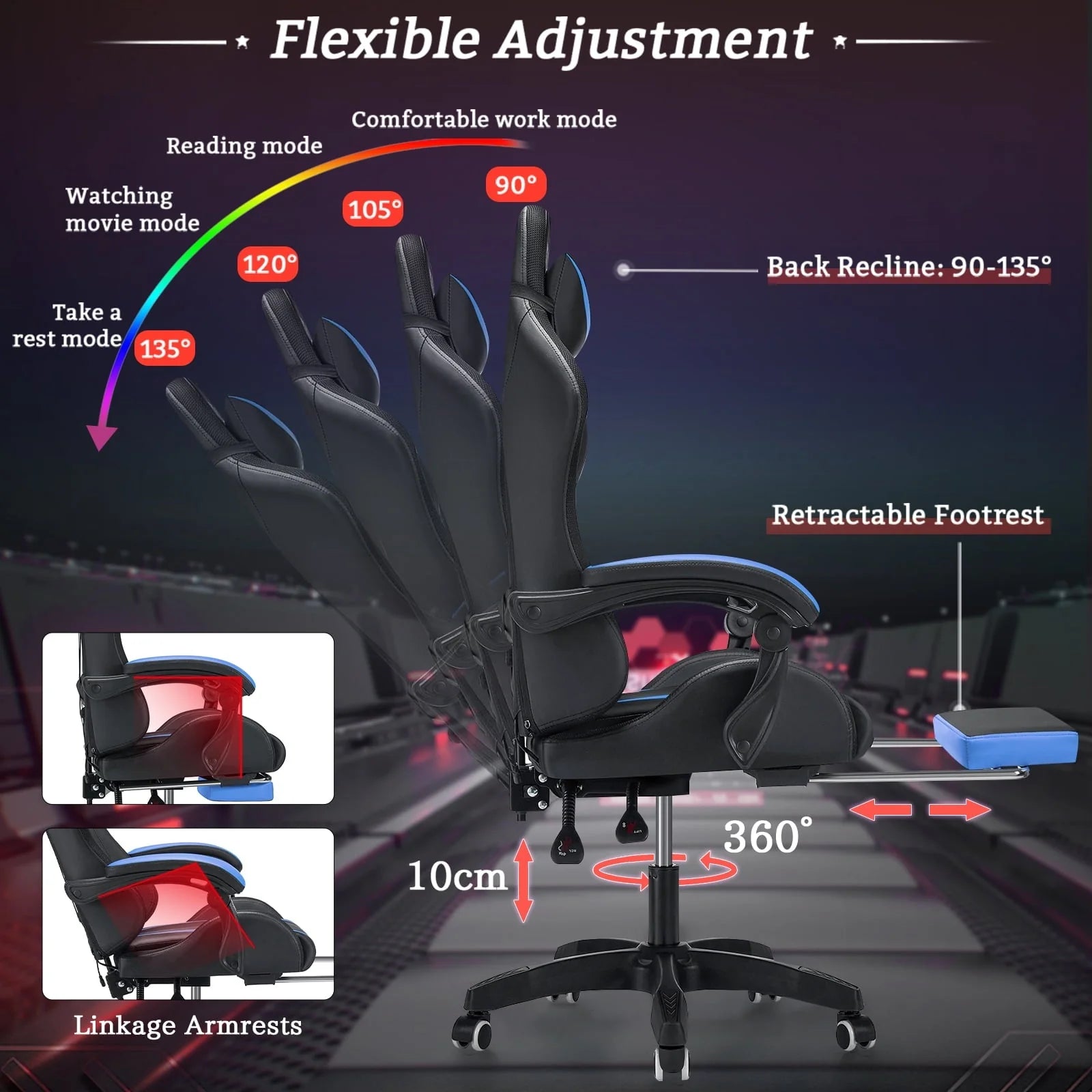 Hoffree Gaming Chair with Massage Office Chair Ergonomic Gamer Chair with LED Light Adjustable Headrest Lumbar Support Footrest Swivel High Back Computer Chair for Adults Teens Christmas,Xmas Gift