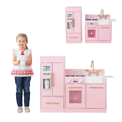 Teamson Kids Little Chef Charlotte Wooden Play Kitchen Set for Toddlers. Pretend Cooking Playset with Stove. Sink & Fridge. Pink/Gold