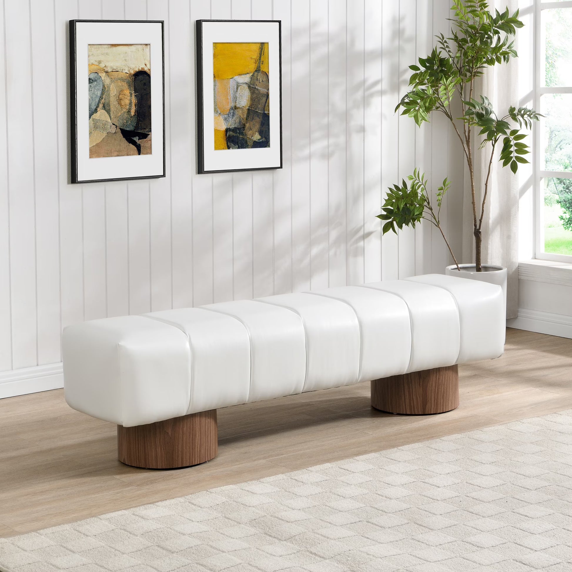 Christopher Knight Home Modern Mid-Century 64" Velvet Tufted Ottoman Bench, Faux Wood Legs, Light Gray