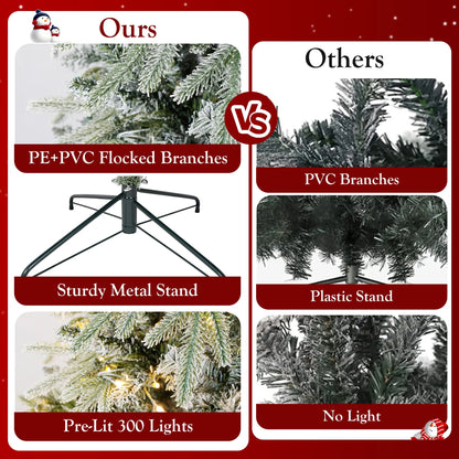 Qunler 7ft Pre-lit Snow Flocked Artificial Christmas Tree with 300 Warm Lights 8 Modes, 700 PE+PVC Snowy Branches, White
