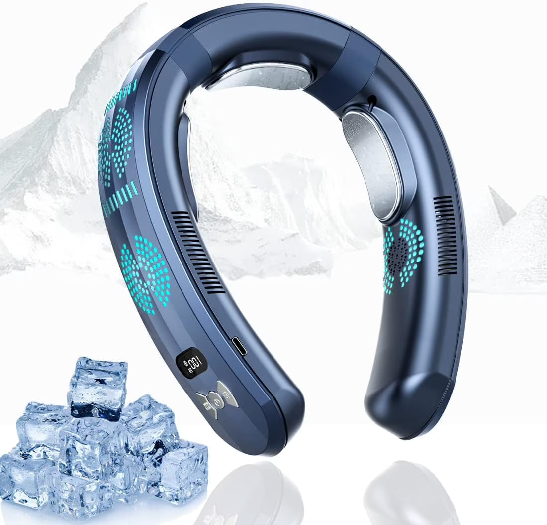 Neck air conditioner 26H ultra-long life, 6000mAh portable fan, semiconductor cooling ultra-quiet triple-core intelligent digital display and heating dual-use, navy-6000mAh (TC06)