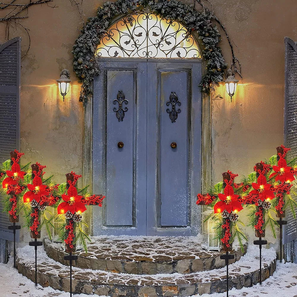 Solar Christmas Decorations Outdoor LED Lights, Xmas Waterproof Cross Stake, Cemetery Grave Decorations,Faux Pine Cones and Foliage Ornament Stakes for Garden Lawn Yard Cemetery, Set of 2