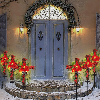 Solar Christmas Decorations Outdoor LED Lights, Xmas Waterproof Cross Stake, Cemetery Grave Decorations,Faux Pine Cones and Foliage Ornament Stakes for Garden Lawn Yard Cemetery, Set of 2