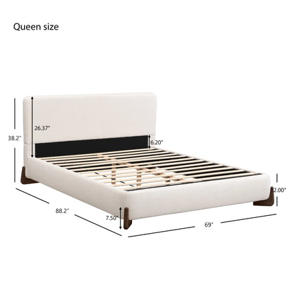 Christopher Knight Home Boucle Upholstered Queen Bed with Curved Wood legs, White