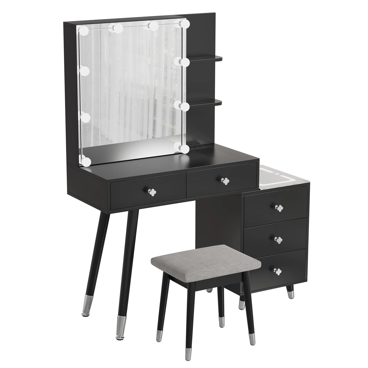Vanity Set with Stool, Black Vanity Desk with Mirror, 5 Drawers and 2-Layer Shelves, LED Three-Tone Lighting, Particle Board With Triamine Coating, Solid Wood Legs With Copper Sheath Decoration