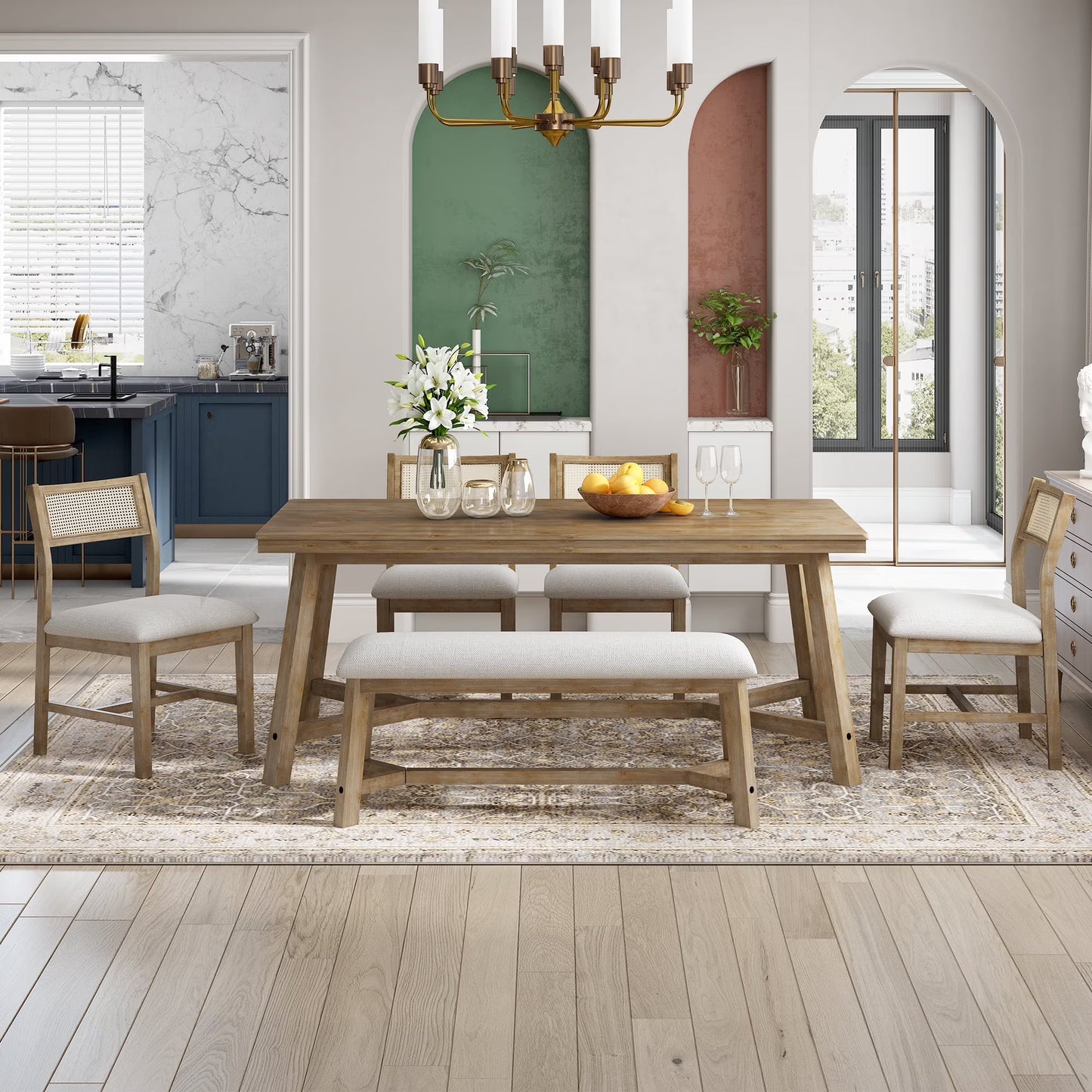 Prehome 6-piece Retro Farmhouse Dining Set, Wood Rectangular Table and 4 Upholstered Rattan Chairs, Bench, Dining Table Set for 5-7, Dining Table Set for Kitchen Dining Room Dorm Apartment, Wood Wash