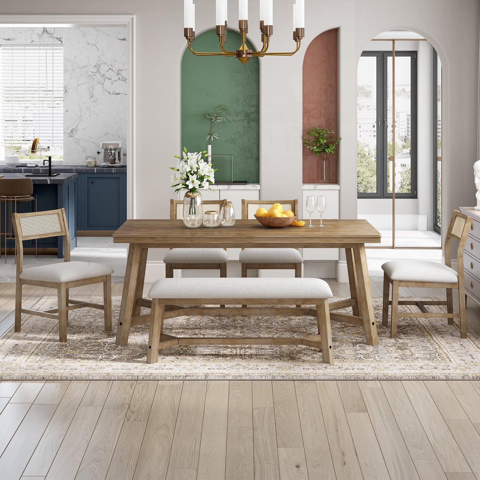 Prehome 6-piece Retro Farmhouse Dining Set, Wood Rectangular Table and 4 Upholstered Rattan Chairs, Bench, Dining Table Set for 5-7, Dining Table Set for Kitchen Dining Room Dorm Apartment, Wood Wash