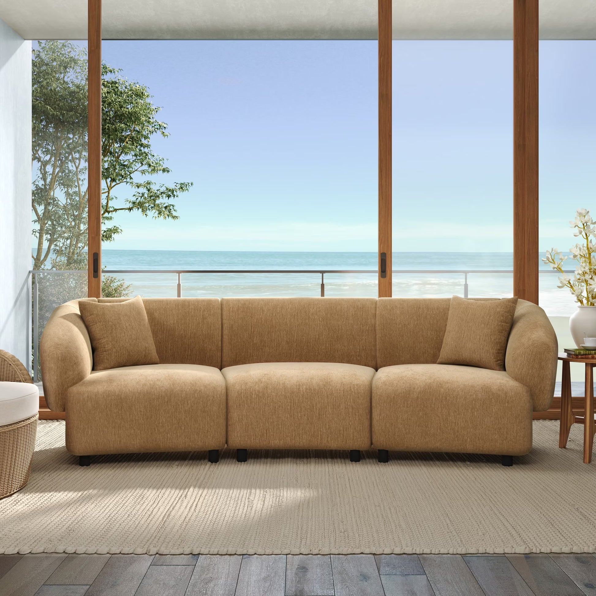 Christopher Knight Home 98.5" Curved Contemporary 3-Seat Sofa with Upholstered Plush Seating, Beige