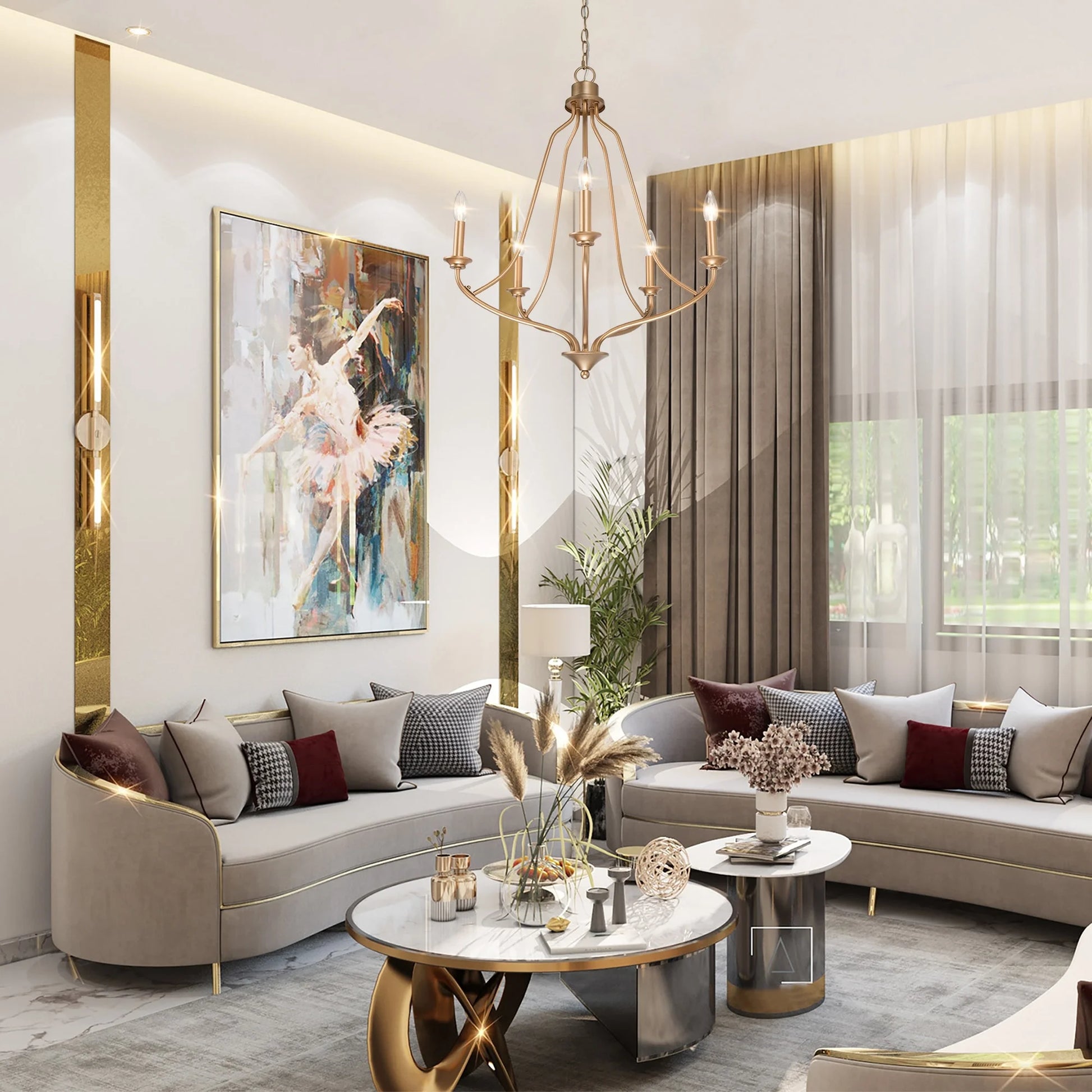 Modern Glam Gold 5-light Empire Wheel Chandelier Candle Ceiling Lighting for Foyer, Stairs - D24" x H89"