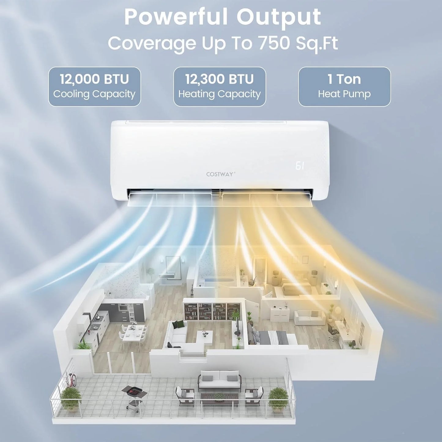 12000BTU Split Air Conditioner, Wall Mount, 21 SEER2, Cooling and Heating, Heating and Frost Protection, Quiet Operation, Energy Efficient, With Remote, Temperature Controls 750 sq. ft.