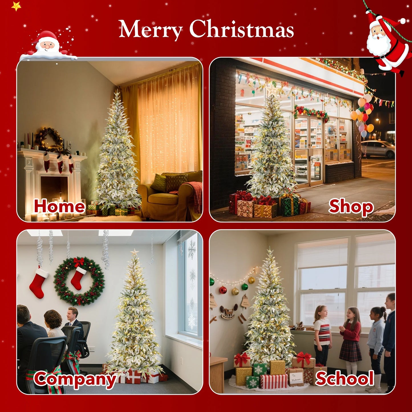 Qunler 7ft Pre-lit Snow Flocked Artificial Christmas Tree with 300 Warm Lights 8 Modes, 700 PE+PVC Snowy Branches, White