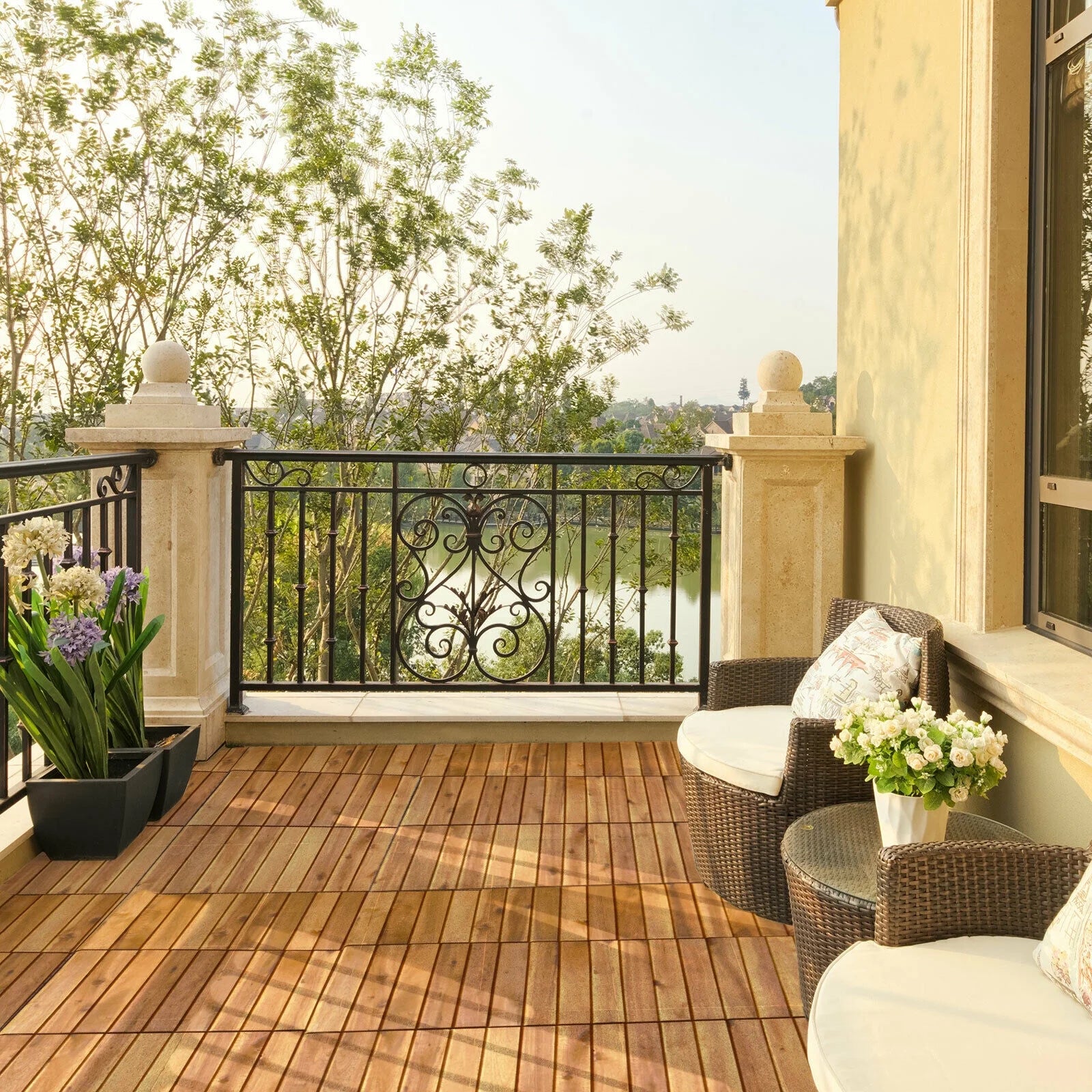 Patiojoy 27PCS 12"x12" Patio Interlocking Tiles Acacia Slat Wood Garden Outdoor &Indoor