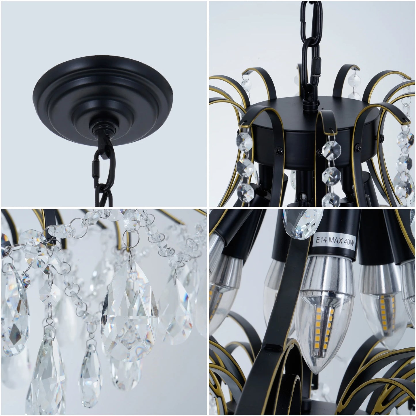 6-Light French Vintage Crystal Chandelier - Black & Gold Wrought Iron Ceiling Light with 23.6" Diameter, Adjustable 21.7" Chain & Wall Control, Dining room ceiling lighting fixtures