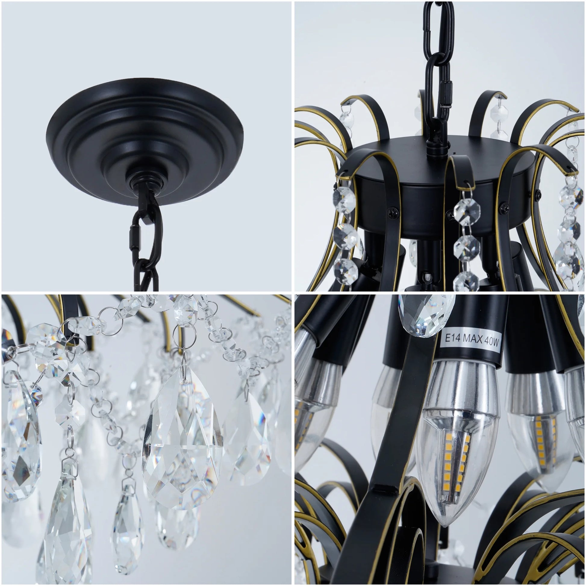 6-Light French Vintage Crystal Chandelier - Black & Gold Wrought Iron Ceiling Light with 23.6" Diameter, Adjustable 21.7" Chain & Wall Control, Dining room ceiling lighting fixtures