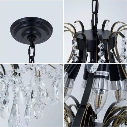 6-Light French Vintage Crystal Chandelier - Black & Gold Wrought Iron Ceiling Light with 23.6" Diameter, Adjustable 21.7" Chain & Wall Control, Dining room ceiling lighting fixtures