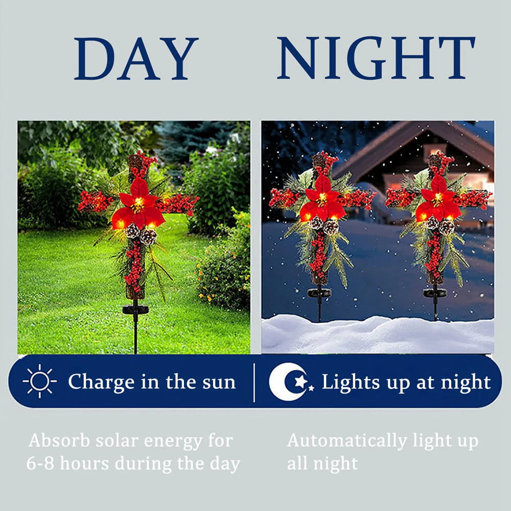 Solar Christmas Decorations Outdoor LED Lights, Xmas Waterproof Cross Stake, Cemetery Grave Decorations,Faux Pine Cones and Foliage Ornament Stakes for Garden Lawn Yard Cemetery, Set of 2