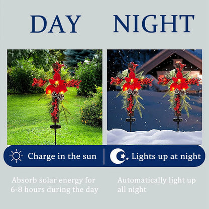 Solar Christmas Decorations Outdoor LED Lights, Xmas Waterproof Cross Stake, Cemetery Grave Decorations,Faux Pine Cones and Foliage Ornament Stakes for Garden Lawn Yard Cemetery, Set of 2