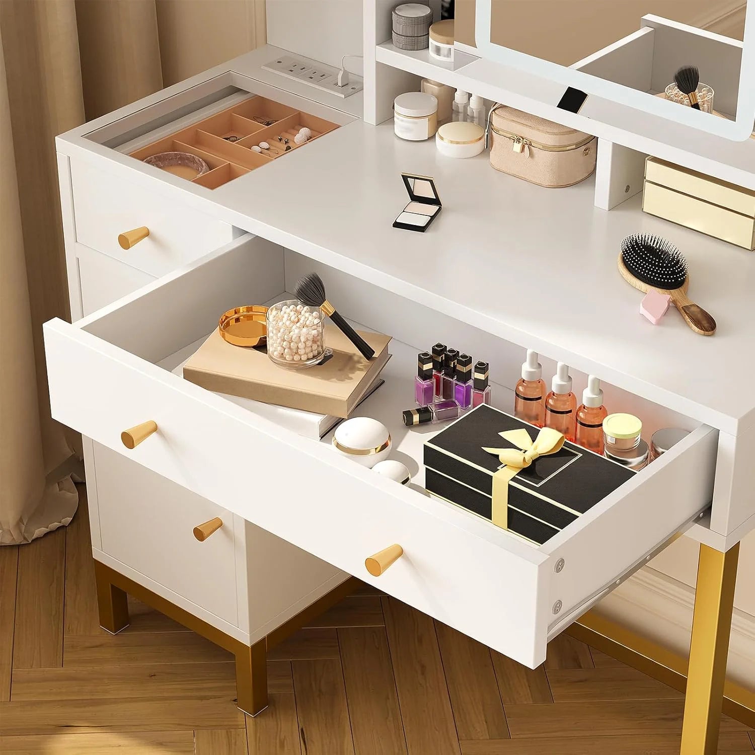 Juiluna Makeup Vanity with Led Lighted Mirror & Power Outlet, 3 Lighting Modes, Brightness Adjustable, Vanity Desk with Acrylic Tabletop & Drawers and Cabinets for Bedroom, White