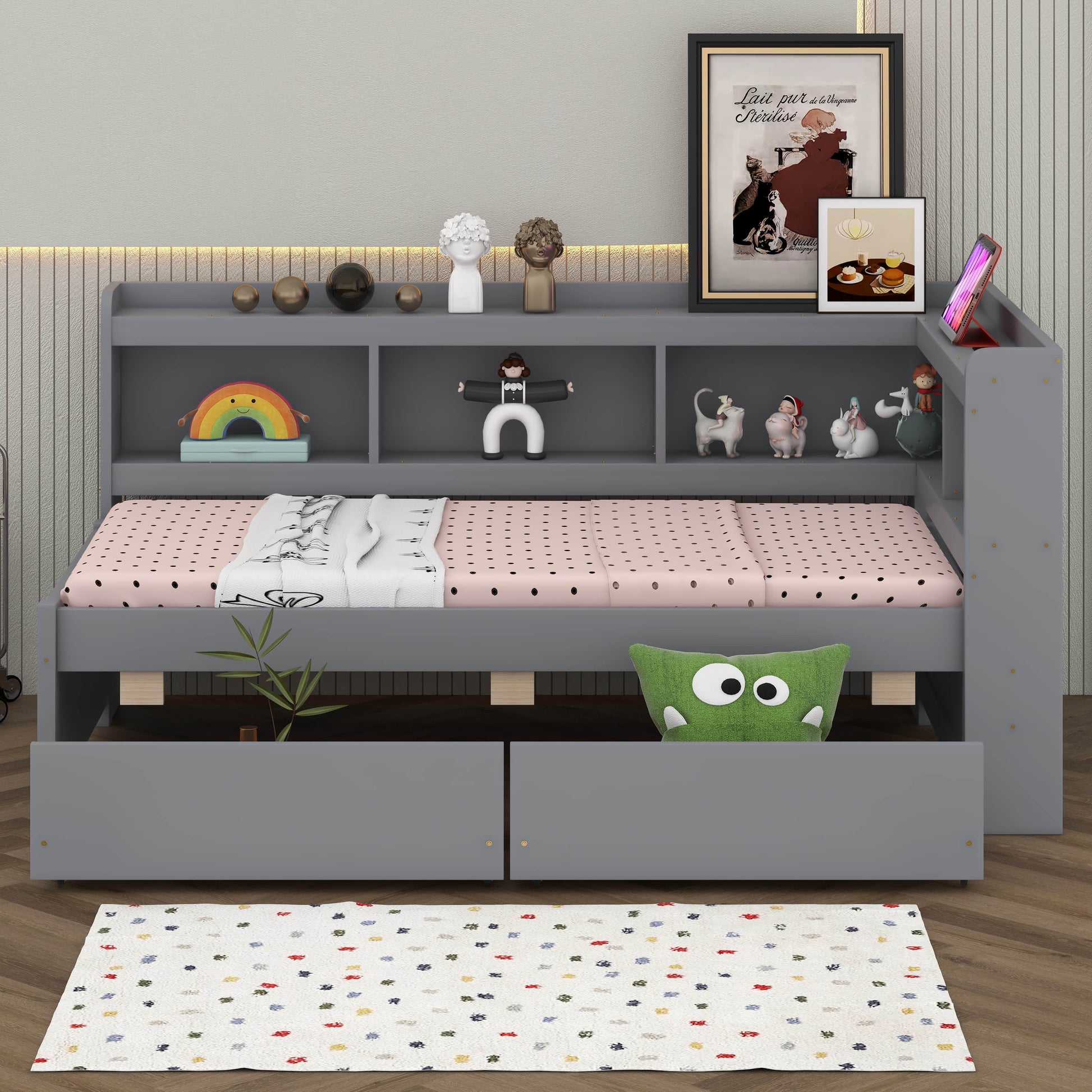 BEBPILOO Twin Size L-Shaped Bookcase Bed with Electrical Outlet, USB Charging Port, Two Drawers, Gray