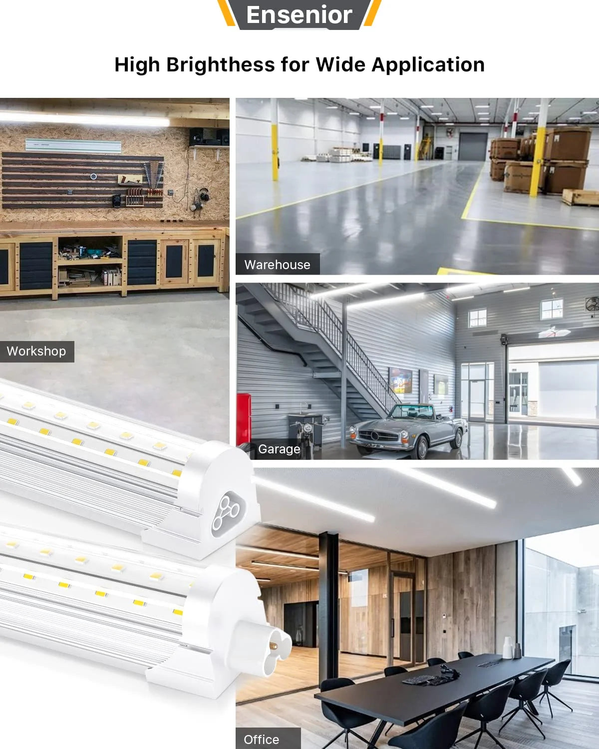 Ensenior 6 Pack 4 FT Led Shop Lights, 6000K Clear White, 5000LM Super Bright, 36W Equivalency 468W, Commercial Bay Lighting, U-Shaped Linkable Shop Lights Plug in for Garage, Workshop, FCC Certified