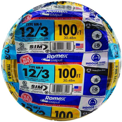 Southwire 63947628 100' 12/3 with ground Romex brand SIMpull residential indoor electrical wire type NM-B, Yellow