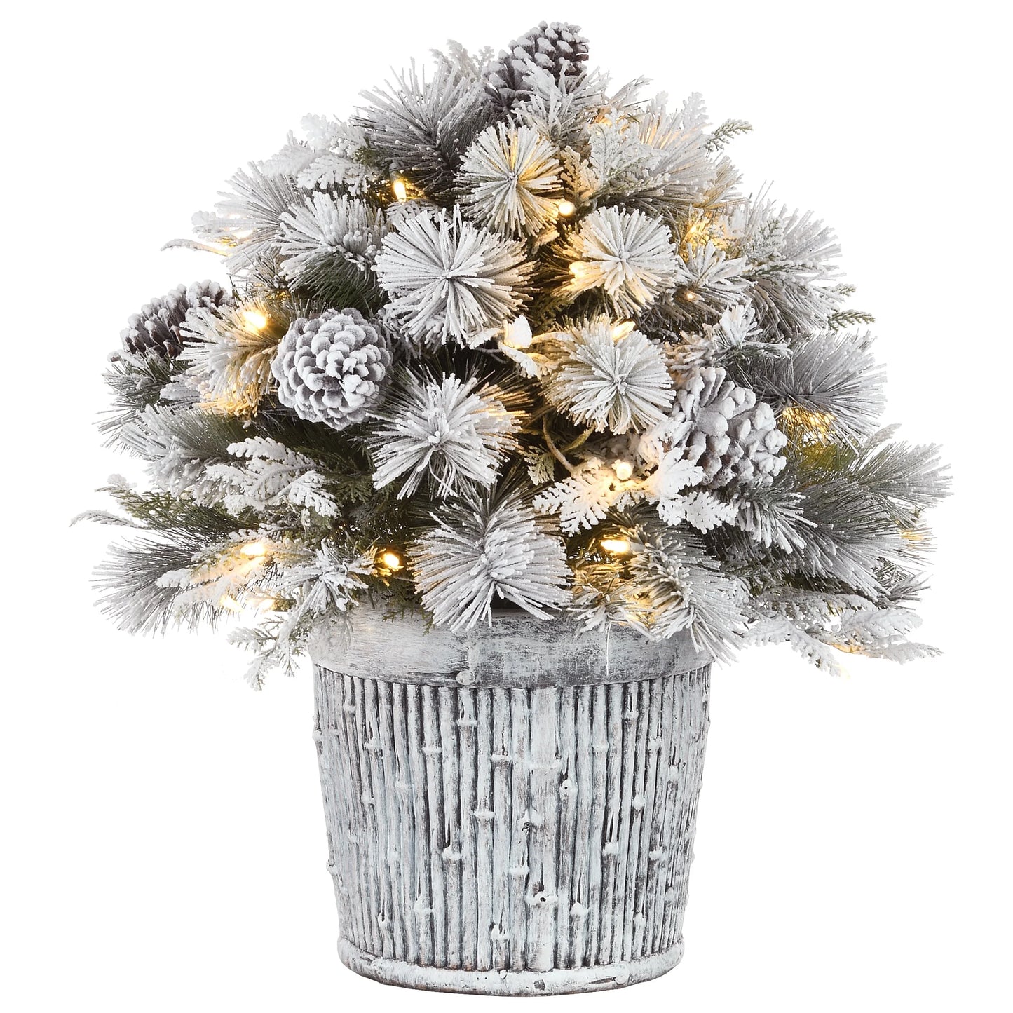 22 in. Pre-Lit Feel Real® Pre-Lit Artificial Snowy Chiwaw Basin Christmas Tabletop Tree, Green, Pinecones, 50 Warm White LED Lights, Whitewash Pot Base