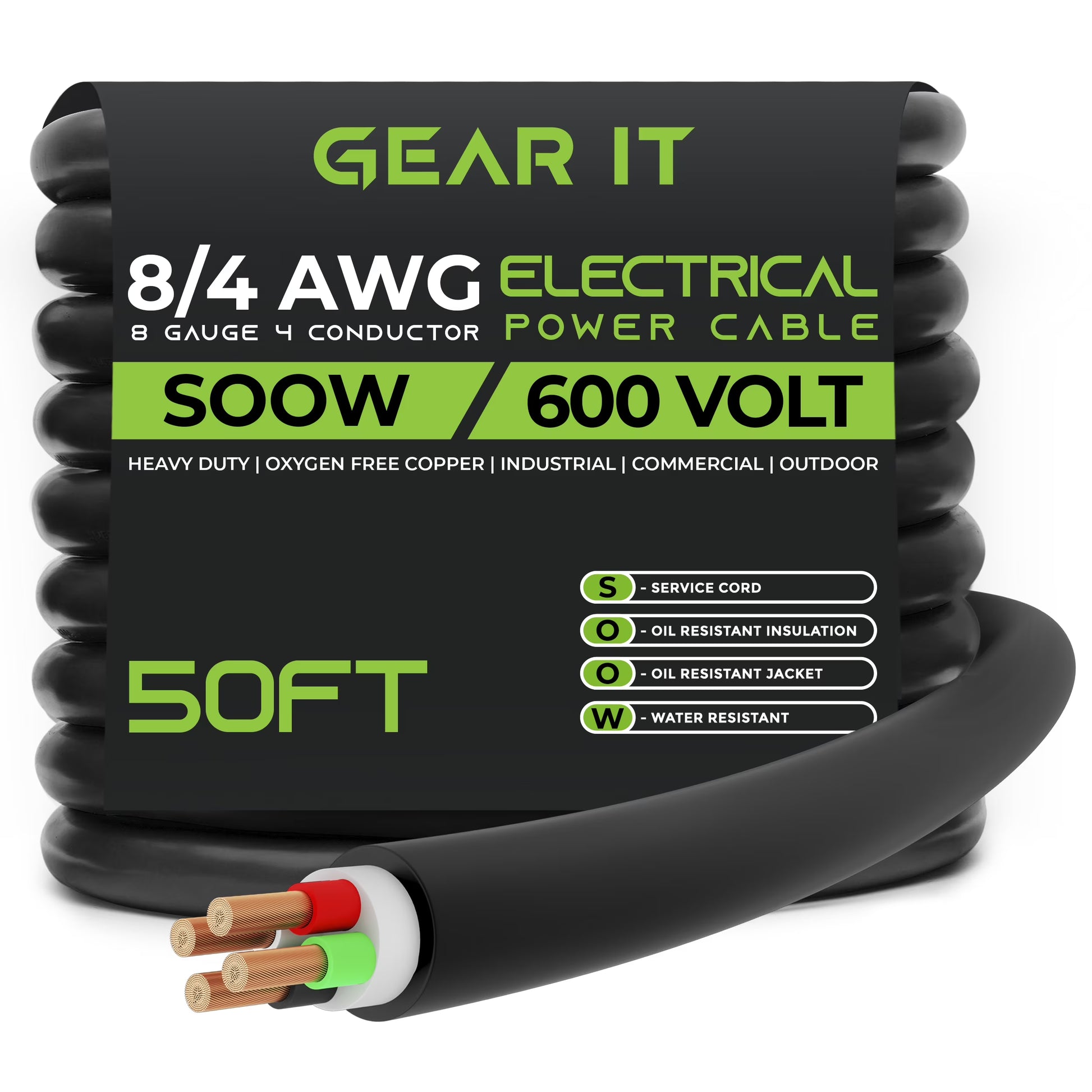 GearIT 8/4 8 AWG Portable Power Cable (25 Feet - 4 Conductor) SOOW 600V 8 Gauge Electric Wire for Motor Leads, Portable lights, Battery Chargers, Stage Lights and Machinery -25ft Electrical Cord