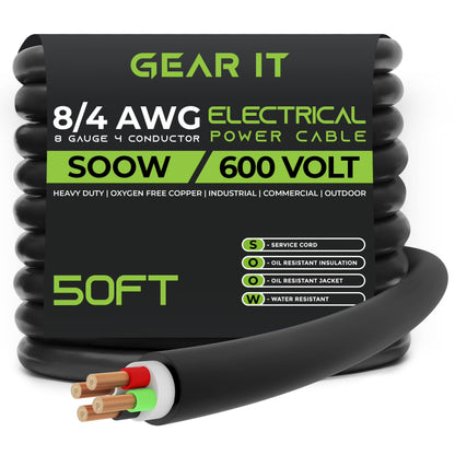 GearIT 8/4 8 AWG Portable Power Cable (25 Feet - 4 Conductor) SOOW 600V 8 Gauge Electric Wire for Motor Leads, Portable lights, Battery Chargers, Stage Lights and Machinery -25ft Electrical Cord