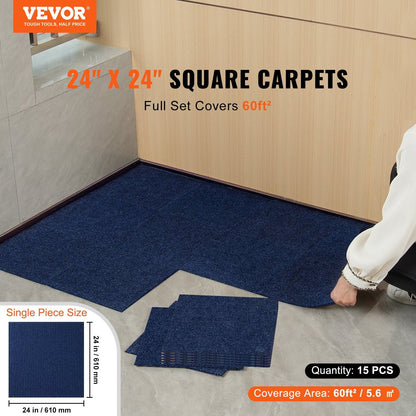 Carpet Tiles Peel and Stick, 24' x 24' Squares Self Adhesive Carpet Floor Tile, Soft Padded Carpet Tiles, Easy Install DIY for Bedroom Living Room Indoor Outdoor (15Tiles, Dark Blue)