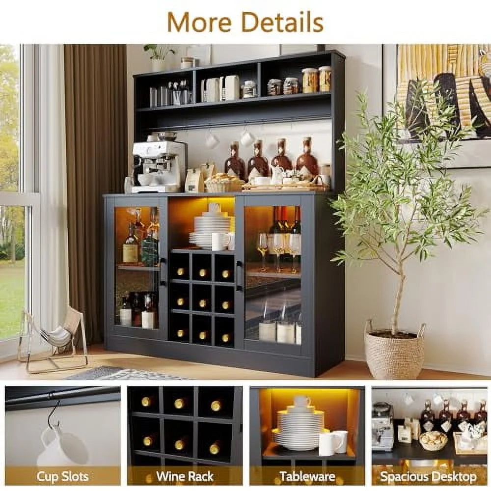Juiluna Coffee Bar Cabinet Wine Bar Cabinet with Power Outlet, 6 Hooks,9 Wink Racks and Adjustable Shelf, Liquor Cabinet Bar with LED Light, Buffet Sideboard with Storage Shelf for Kitchen, Black