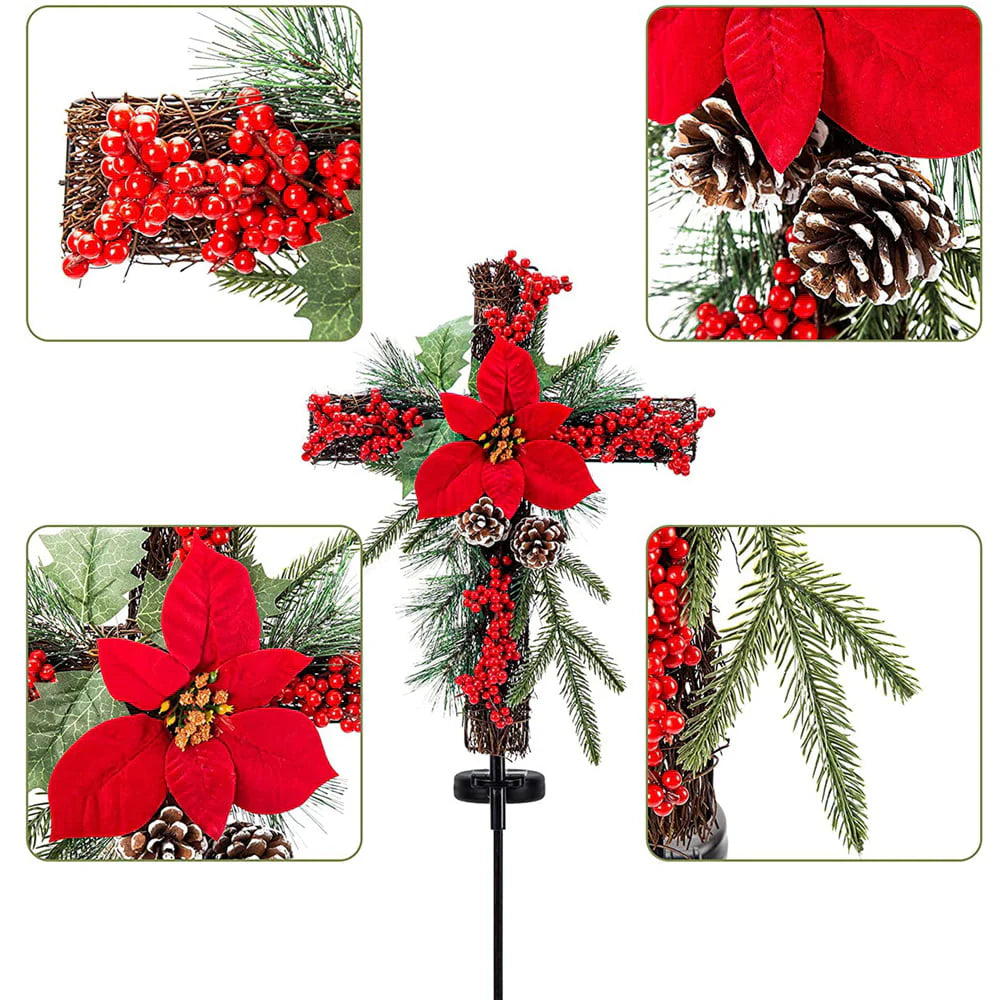 Solar Christmas Decorations Outdoor LED Lights, Xmas Waterproof Cross Stake, Cemetery Grave Decorations,Faux Pine Cones and Foliage Ornament Stakes for Garden Lawn Yard Cemetery, Set of 2