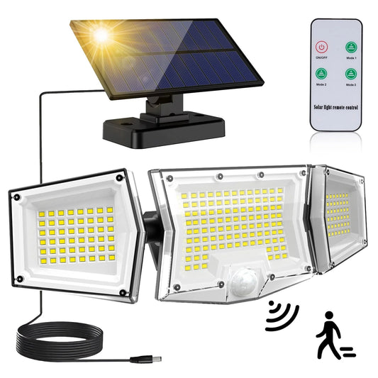 WYRAVIO Solar Lights Outdoor, 205 LED Solar Motion Sensor Security Lights, Solar Flood Lights with 3 Modes 270° Wide Lighting Angle, IP65 Waterproof Wall Lamp for Porch Yard Garage