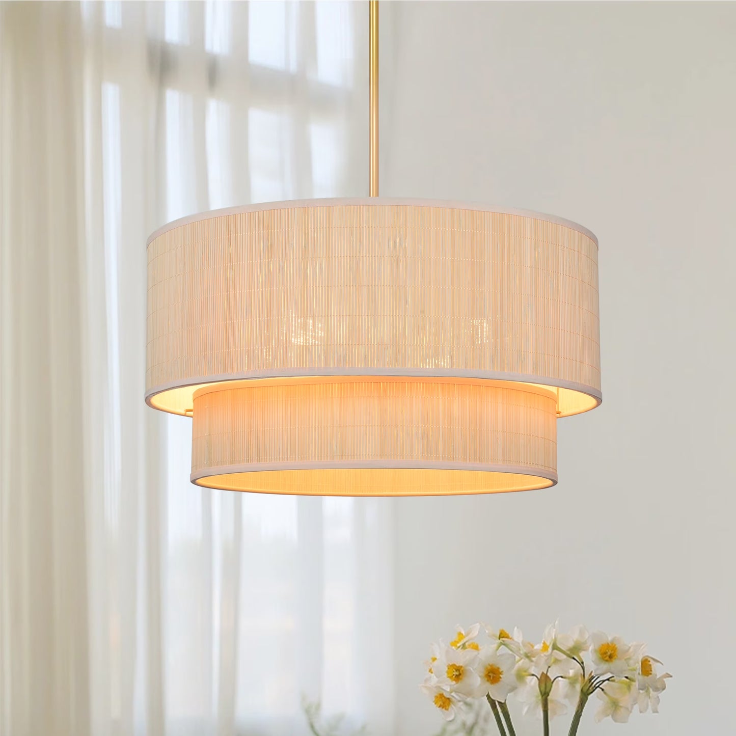 Prime Ray 20 in. 4-Light Natural Rattan Tiered Drum Pendant Chandelier Light with Gold Hardware