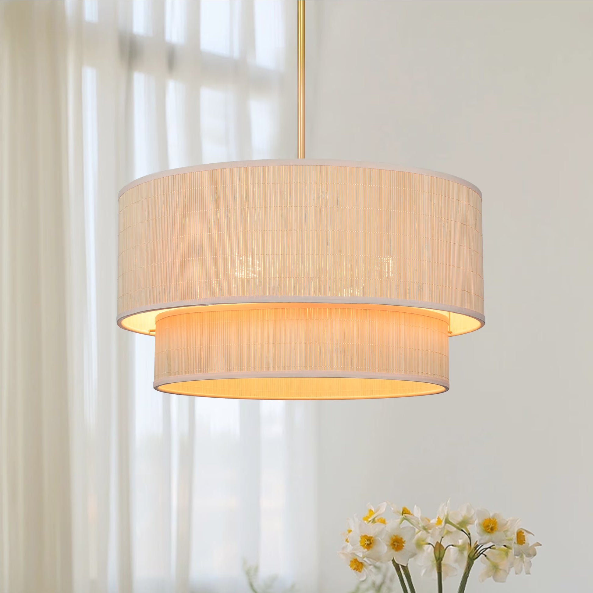 Prime Ray 20 in. 4-Light Natural Rattan Tiered Drum Pendant Chandelier Light with Gold Hardware