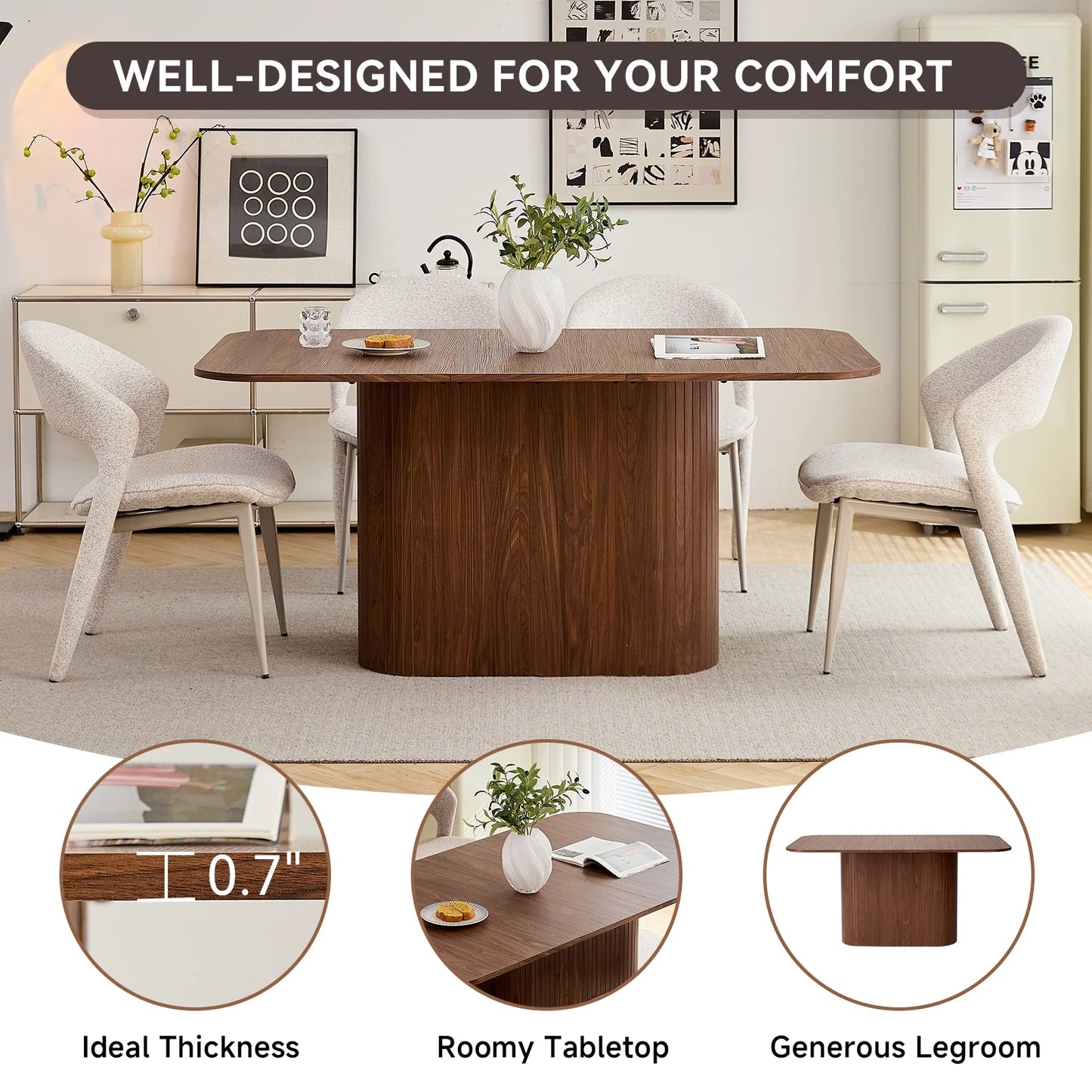 HJhomeheart 63" Rectangle Dining Table for 4 6 Person, Rounded Corners, Wood Strip Pedestal Base, Rustic Farmhouse Modern Breakfast Dinner Kitchen Table