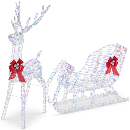 Best Choice Products Lighted Christmas 4ft Reindeer & Sleigh Holiday Outdoor Decor Set w/205 LED Lights, Stakes - Gold