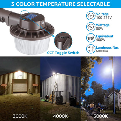 TORCHSTAR 3CCT LED Barn Light, 50W Dusk to Dawn Area Lights 3K/4K/5K Selectable, 100-277V Outdoor Security Flood Lighting for Garage, Street, IP65 Waterproof, Bronze
