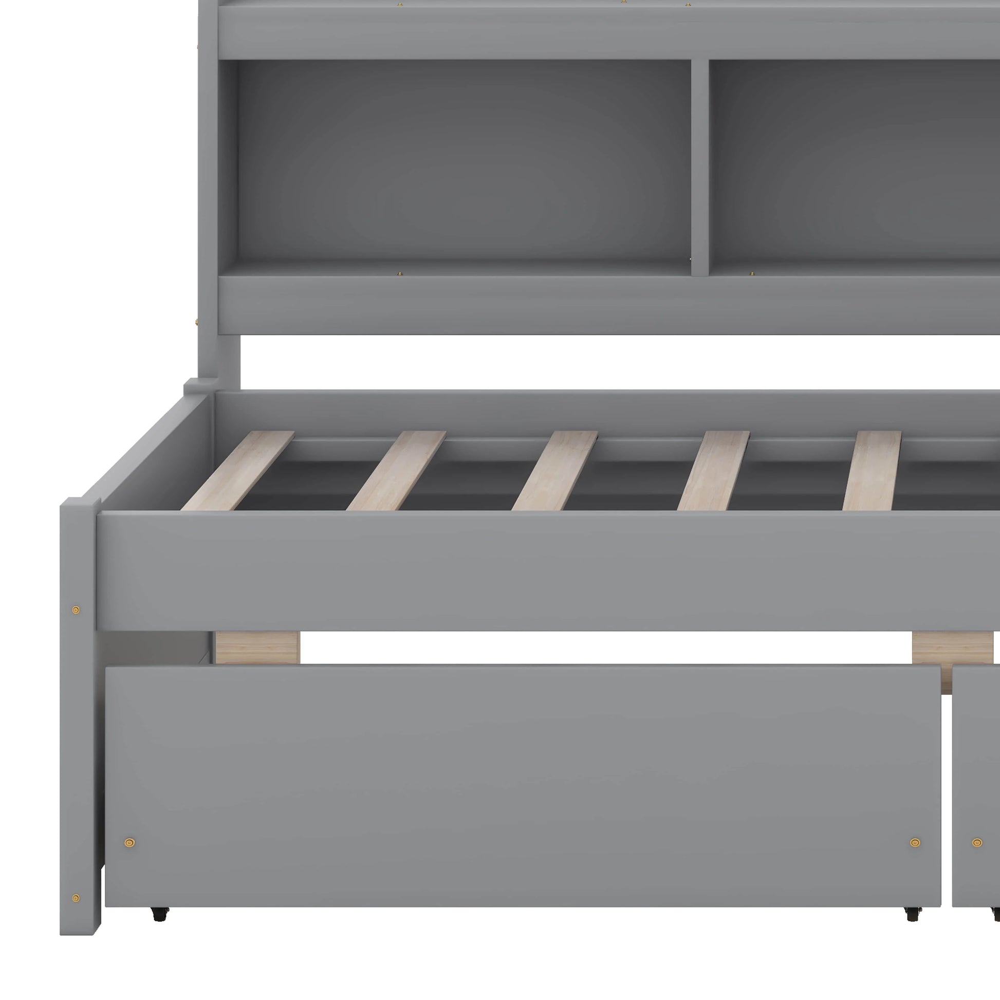 BEBPILOO Twin Size L-Shaped Bookcase Bed with Electrical Outlet, USB Charging Port, Two Drawers, Gray