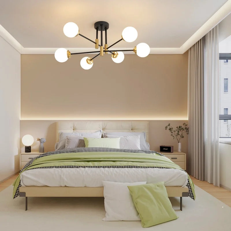 Deyidn Modern 6-Light Sputnik Chandelier with Milky White Glass Shades, 31 Inch Gold Pendant Lighting for Dining Room