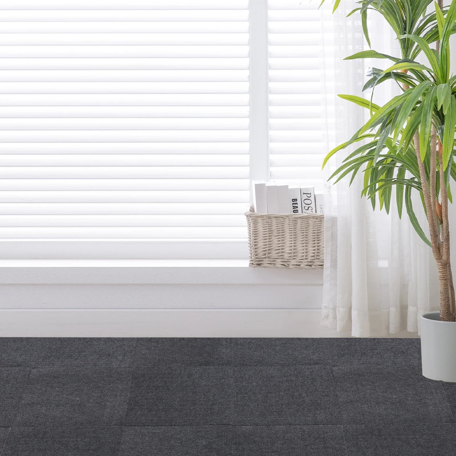 Dark Grey Carpet Tiles 24x24in, Low-Maintenance Polyester Fiber, Self-Adhesive 15-Pcs Set with Effortless Cleaning, Suitable for Hotels & Warehouses