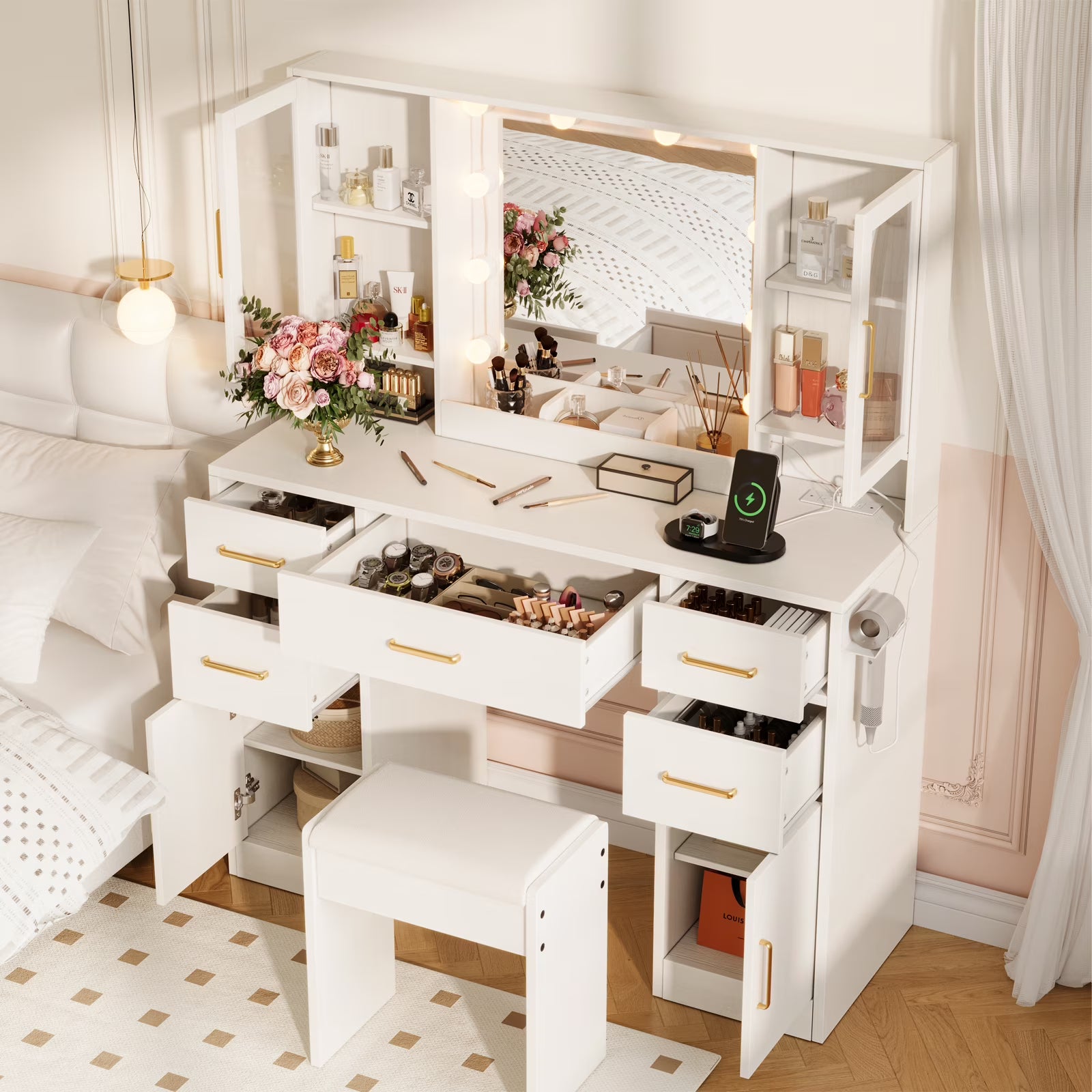 UGTOO 58.3" White Vanity Desk with Mirror, Adjustable Lighting, Power Outlet, Drawers, with Stool