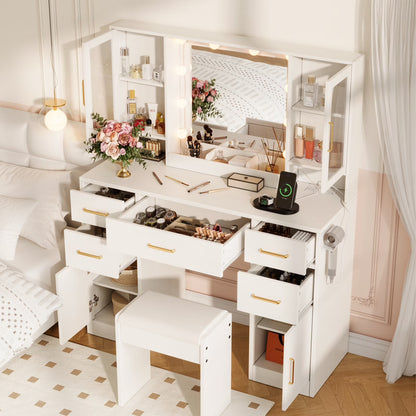 UGTOO 58.3" White Vanity Desk with Mirror, Adjustable Lighting, Power Outlet, Drawers, with Stool