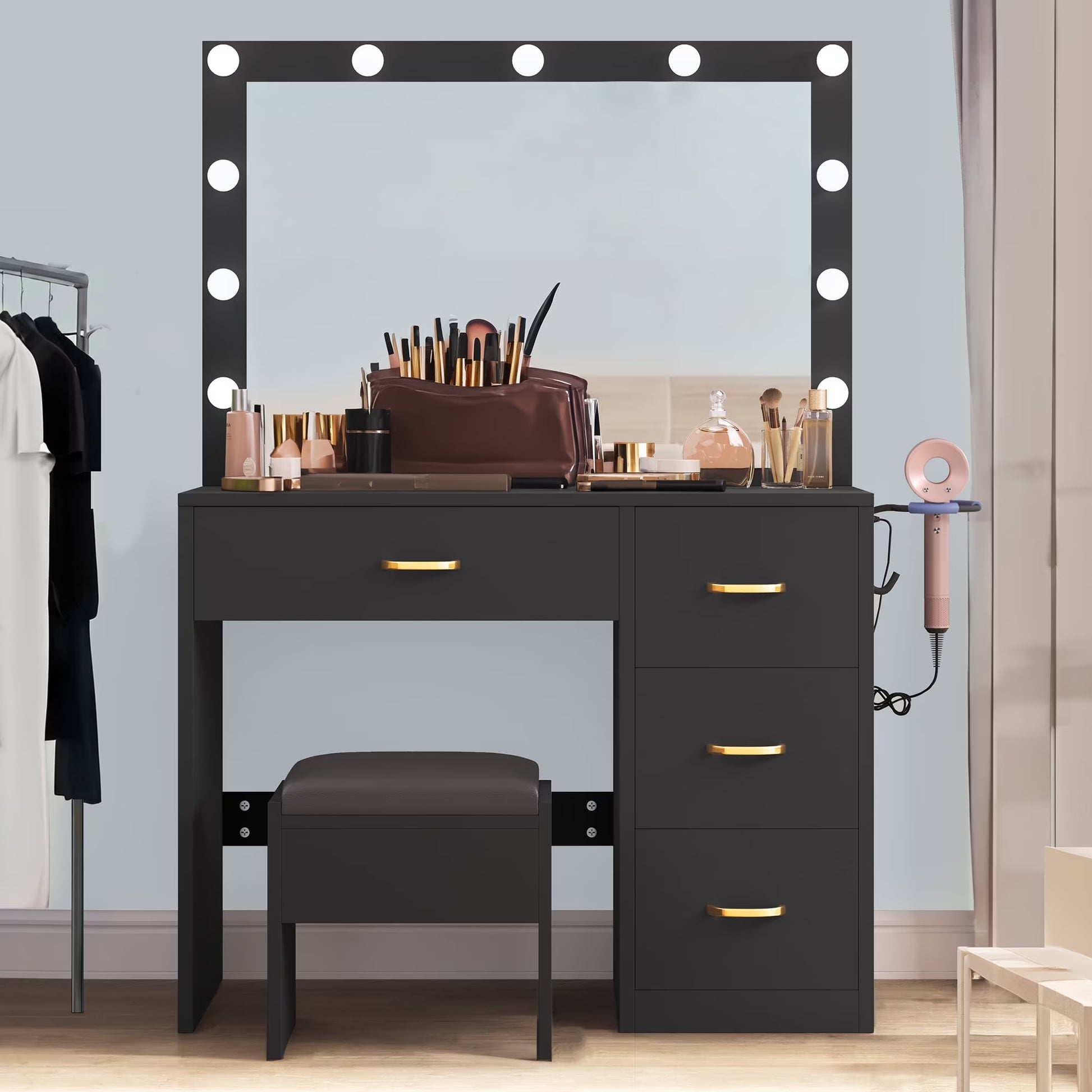 Dextrus Makeup Vanity Ensemble,Generously Sized Illuminated Mirror, Vanity Featuring Electrical Outlet, 3 Versatile Lighting Modes, Customizable Brightness, and 4 Storage Drawers for Women Girls