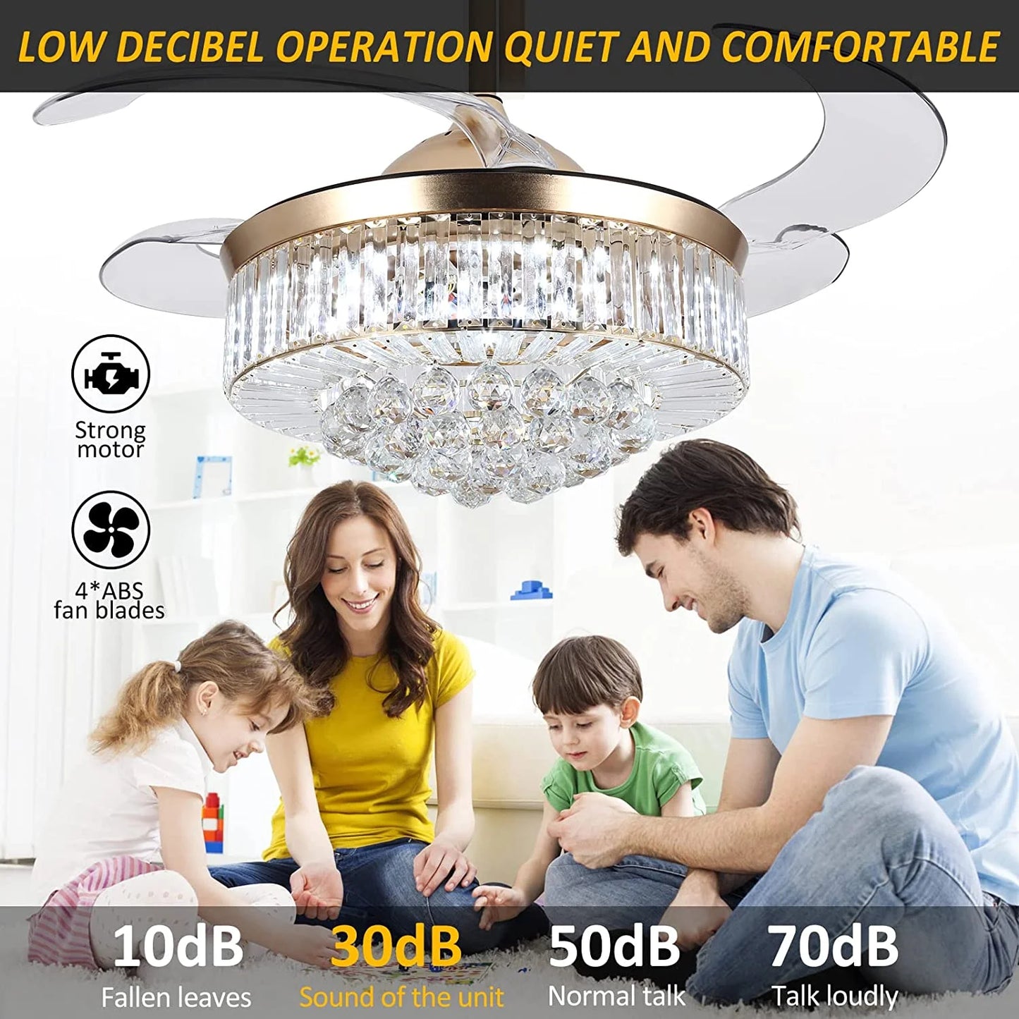 Datingday 42 Inch Crystal Ceiling Fan Golden Crystal Ceiling Fan Chandelier with Remote 6 Speeds 3 Colors Changes Lighting Fixture, 4 Blades Retractable Fans for Bedroom Living Room Dining Room