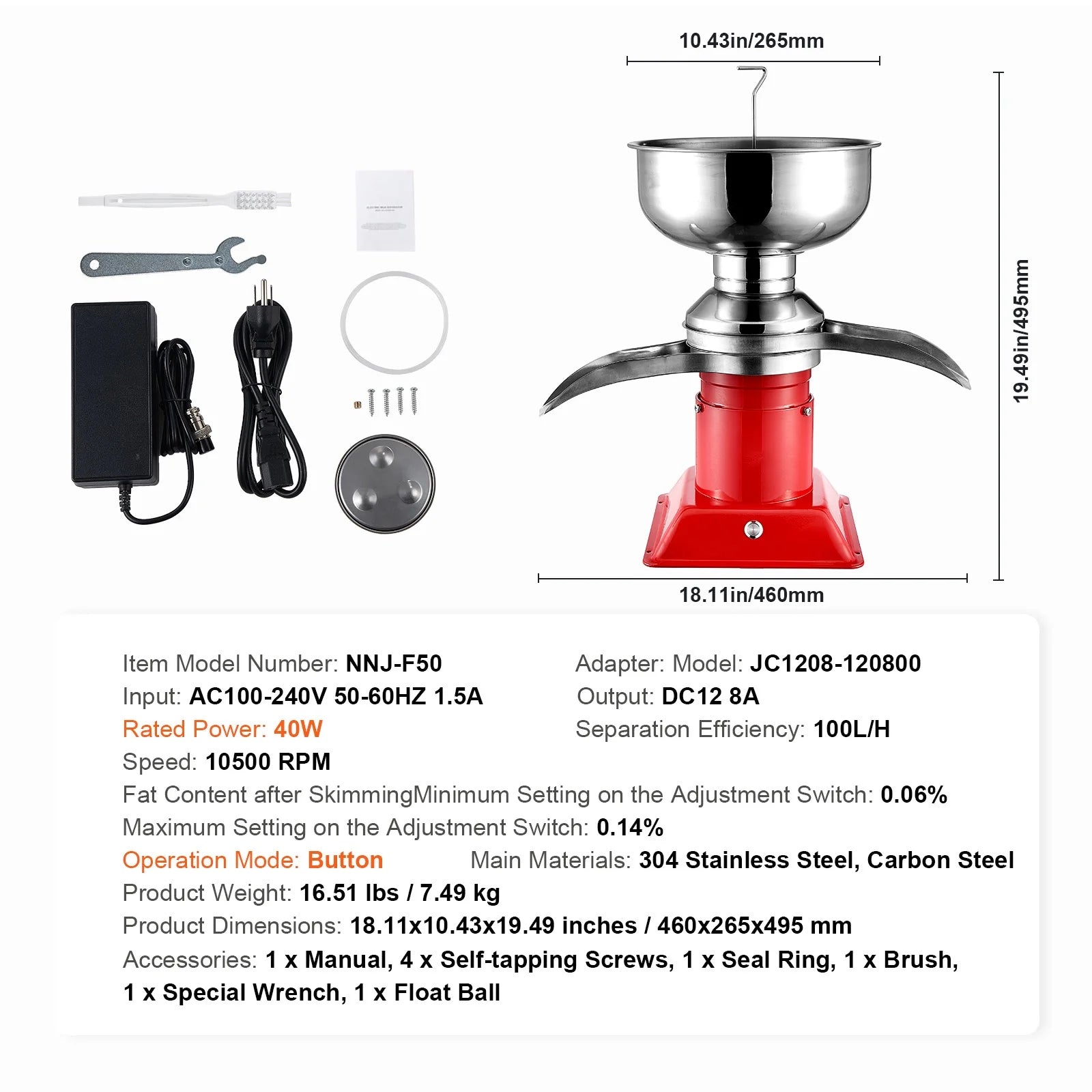 KFFKFF Dairy Cream Spin Separator, Constructed from 304 Stainless Steel, Electrical Cream Dividers, 100L/H Production 10500RPM Bovine Milk Separator, 30W Bovine Cream Separator, Milk Clarifier